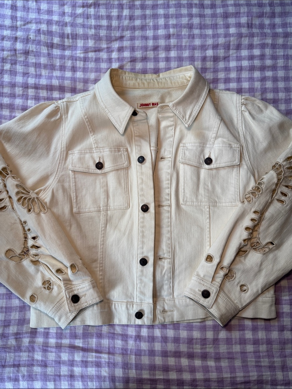 Johnny Was Cream Denim Jacket with Cutout Sleeve Detail